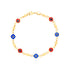 The Red and Blue Evil Eye Crystal Charm Bracelet, crafted with 14k gold fill, showcases alternating blue and red evil eye charms in circular shapes, connected by small gold beads. This simple yet elegant design is completed with a secure clasp closure.
